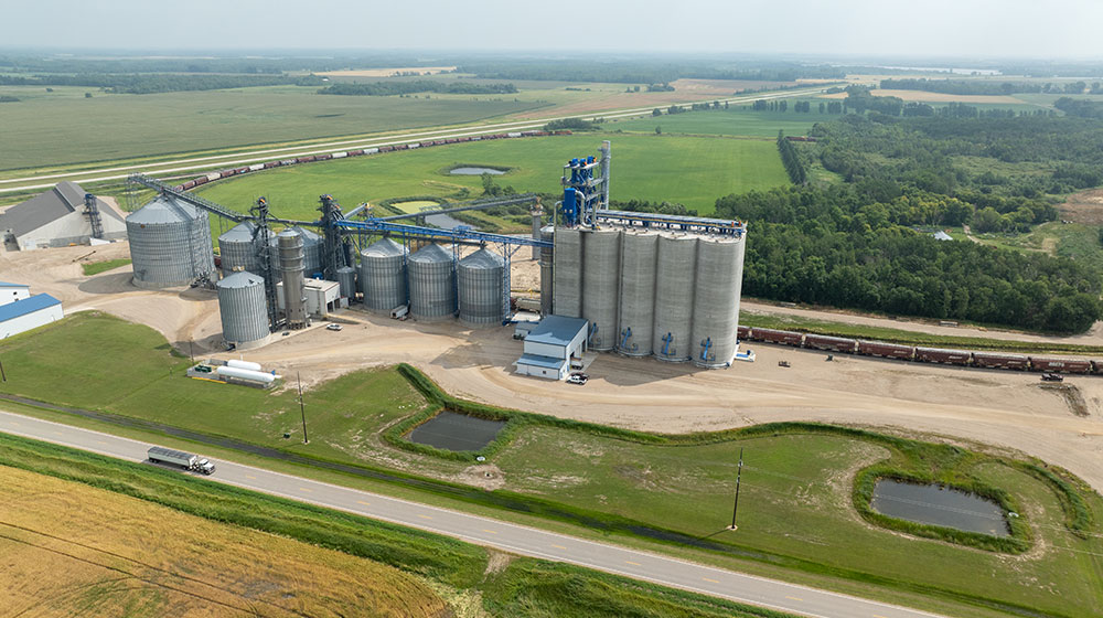 An aerial view of the CHS grain elevator near Erskine, Minnesota.