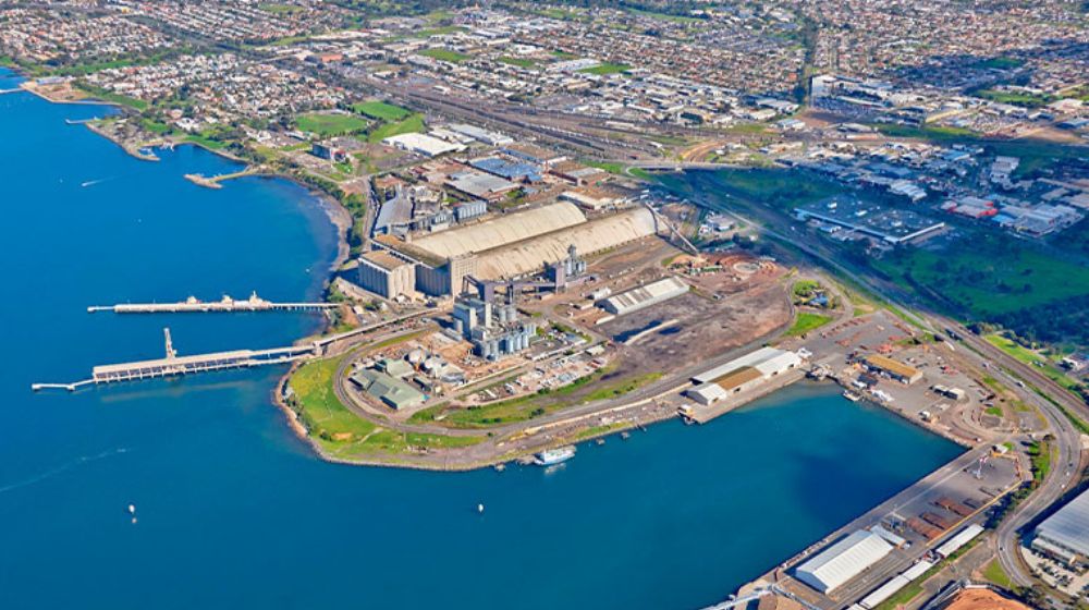 An aerial view of a vessel docked in the Port of Geelong, Victoria, Australia