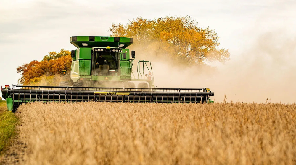 Combine harvesting crops