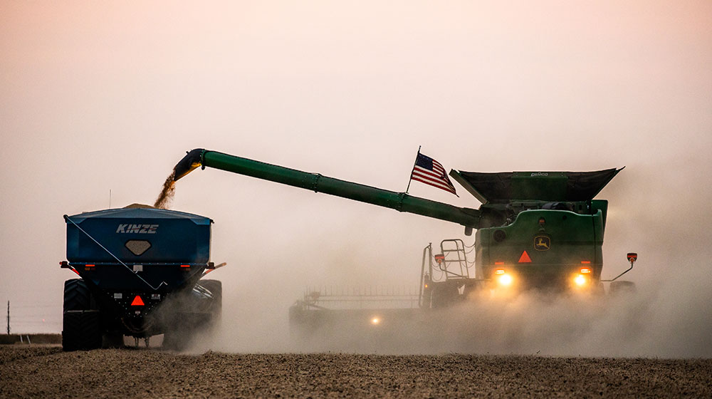 Combine harvesting field at dusk.