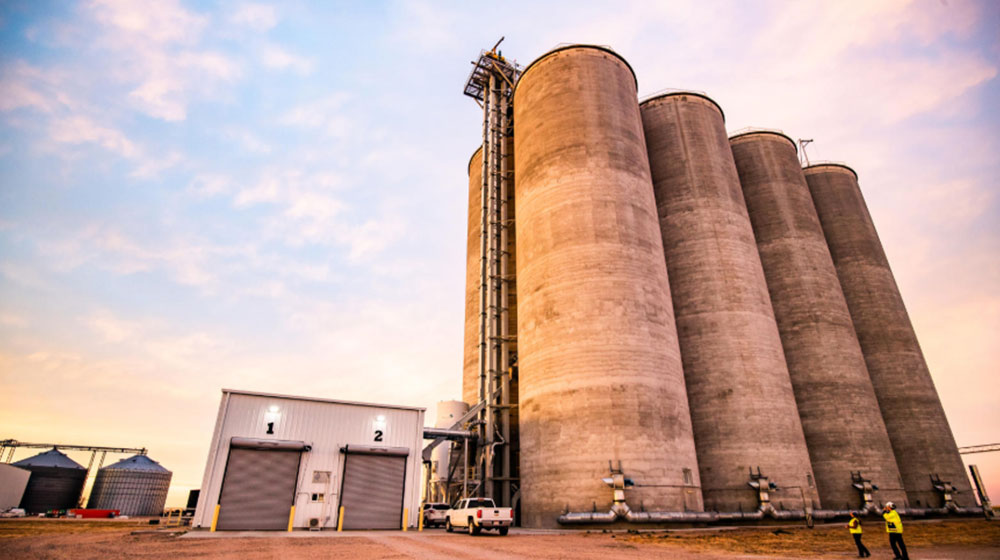 Aerial image of a grain elevator.