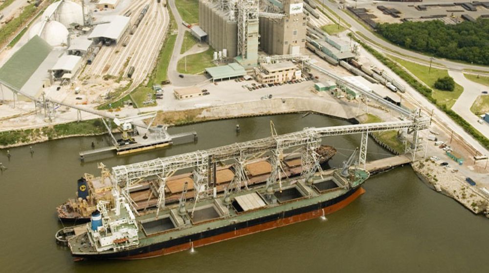 Cargo ship docked at TEMCO river terminal in Houston, Texas