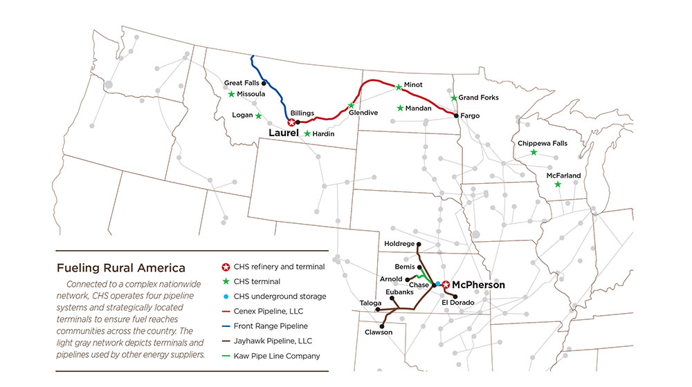Map showing pipelines operated by CHS and other companies in the United States. 