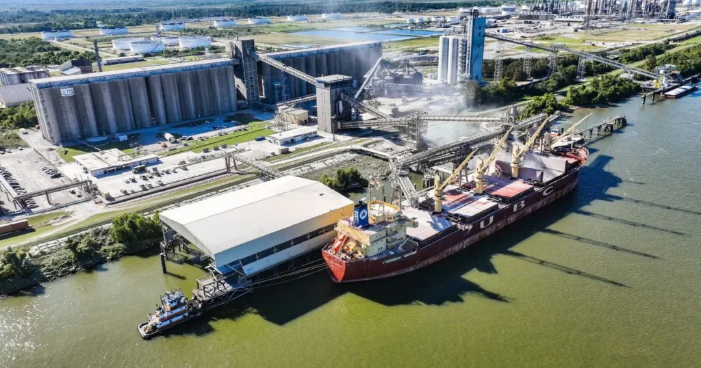 Ship being loaded with corn at export terminal