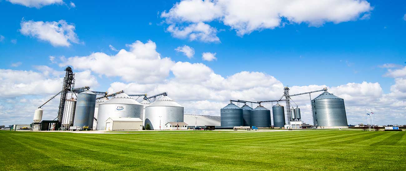 Grain elevator with a blue sky.