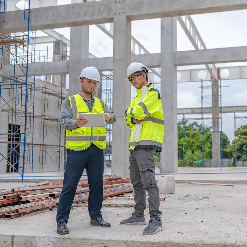 Two construction workers in reflective yellow gear looking at plans
