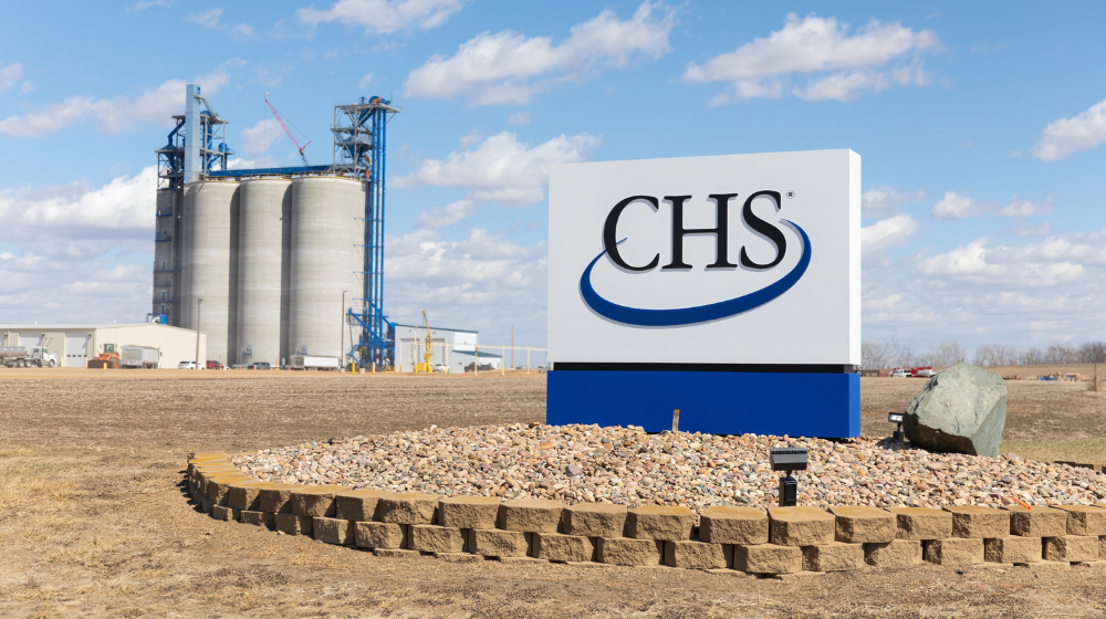 CHS Worthing grain terminal sign with concrete storage bins in the background